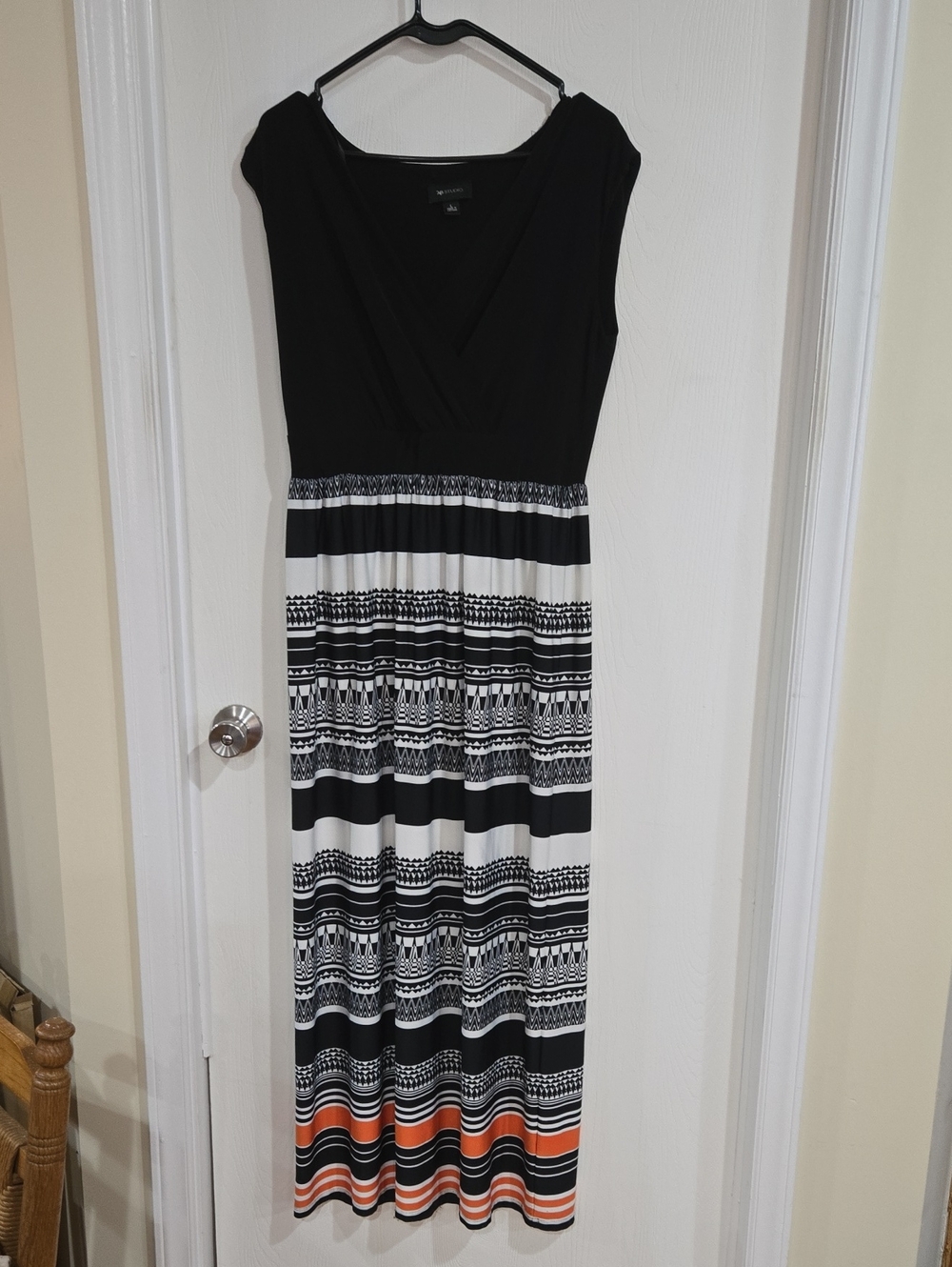 Black and White Patterned Maxi Dress with Orange Accent